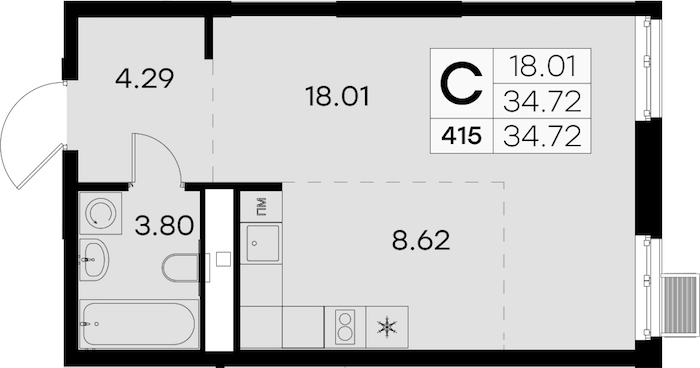 Квартира студия 34.72 м², 2/8 эт., ЖК «Glorax City Балтийская»